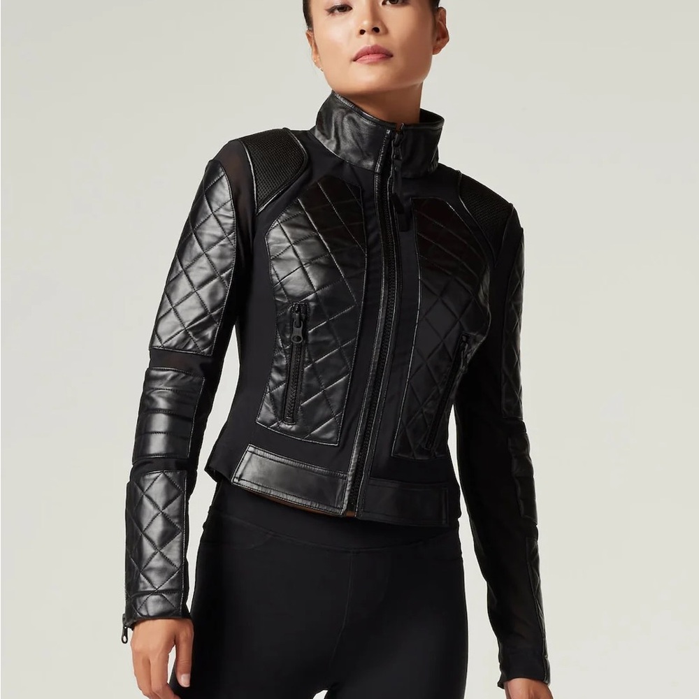 Blanc Noir Leather and Mesh Moto Jacket